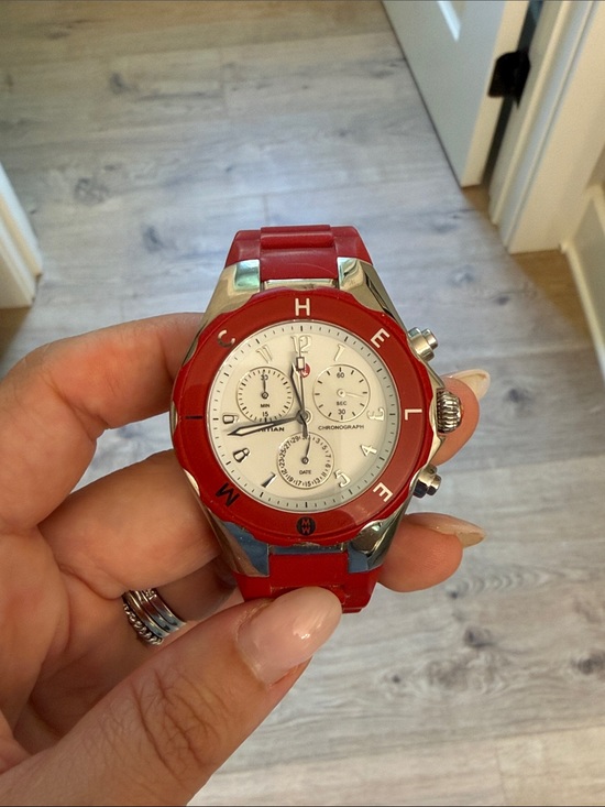 Michele Accessories - Michele Red Silicone Strap Watch with Polished Stainless Back